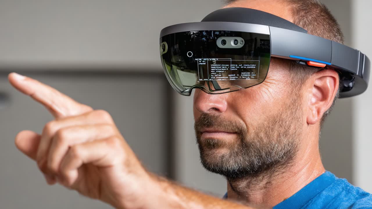 Innovative Technology: User Interacting with Augmented Reality Glasses Displaying Data and Digital Elements While Engaging with the Interface in a Modern Environment