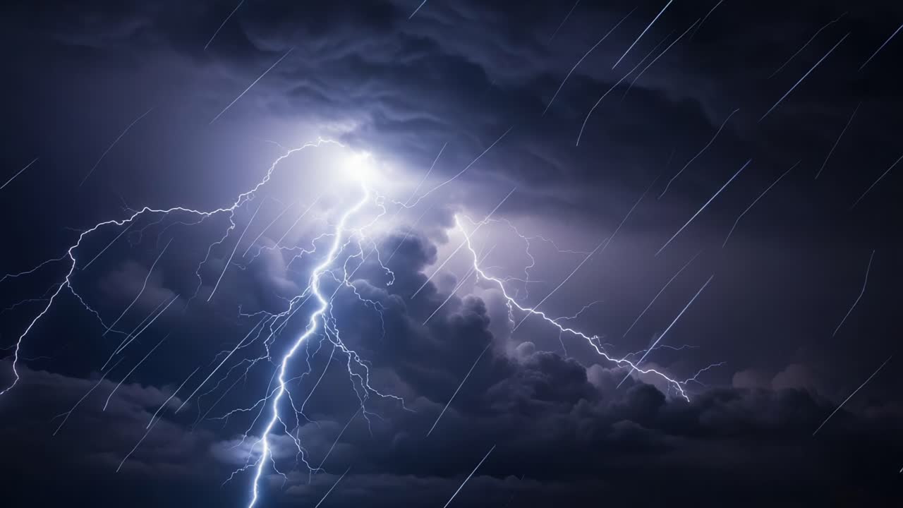 Dramatic Thunderstorm Display Featuring Intense Lightning Strikes Illuminating Dark, Stormy Clouds in a Captivating Natural Phenomenon of Atmospheric Energy