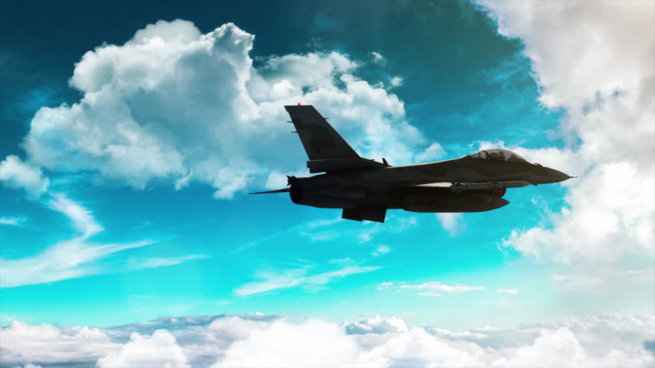 4K Aerial F16 flying high altitude and rolling left