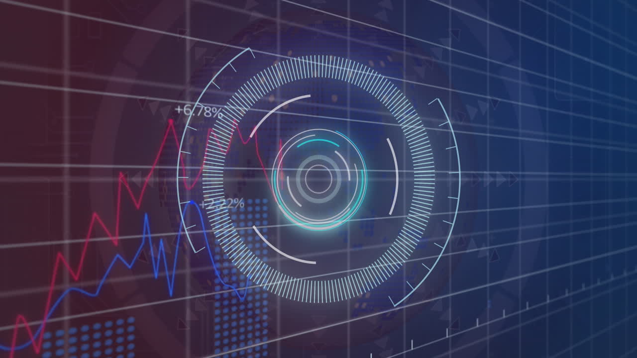 animación del escáner redondo y el procesamiento de datos estadísticos contra un fondo de gradiente púrpura