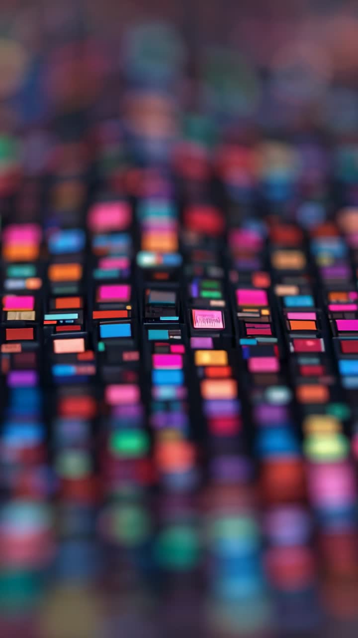 Vertical video: Shifting camera bringing tile grid into focus in studio, revealing rows, with flare