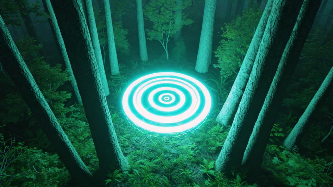 An Enigmatic Glowing Circle Emerges in a Mysterious Forest, Surrounded by Towering Trees and Lush Greenery, Evoking an Otherworldly Atmosphere of Intrigue and Wonder