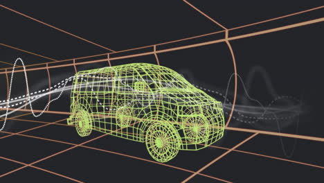 animación de gráficos sobre un modelo de furgoneta 3d que se mueve con un patrón sin costuras en un túnel con fondo negro