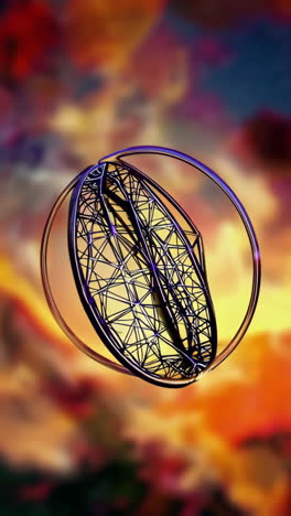abstract wireframe sculpture in a ring with fiery background