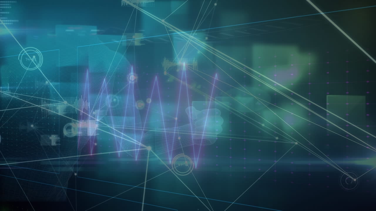 Animation of network of connections with icons over dark background
