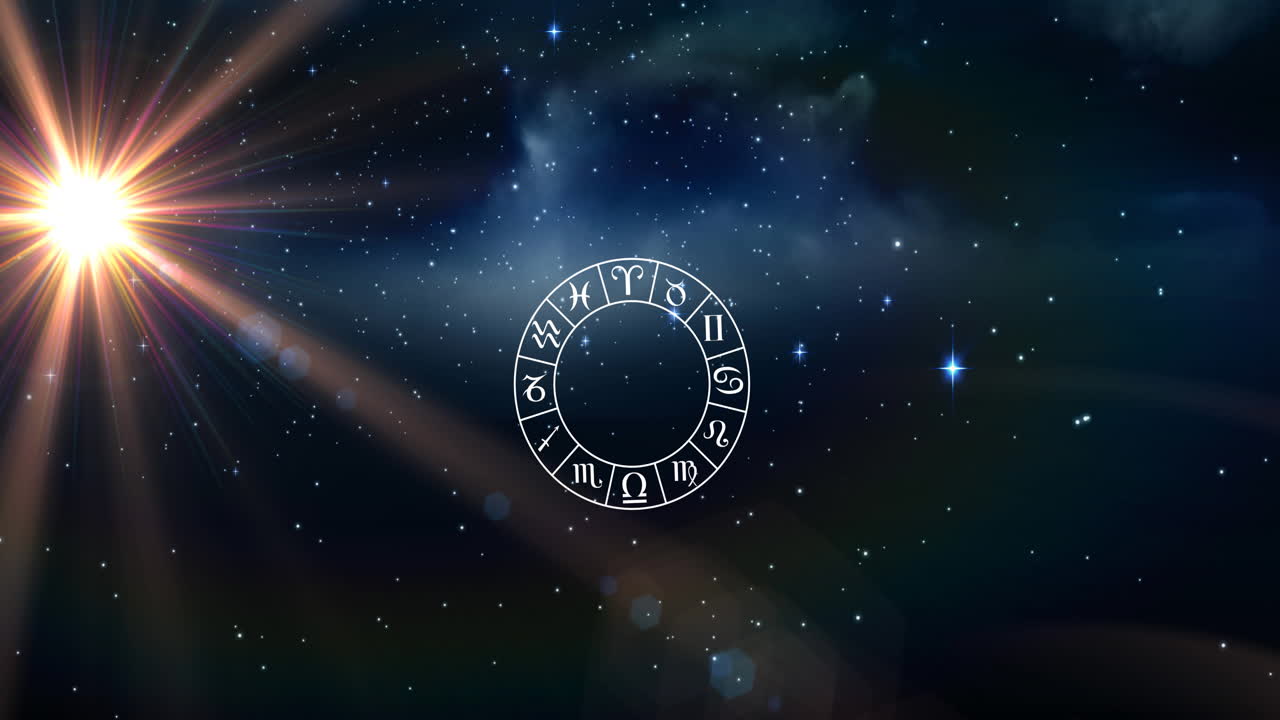 Animation of wheel of zodiac signs over shining sun and stars on blue sky