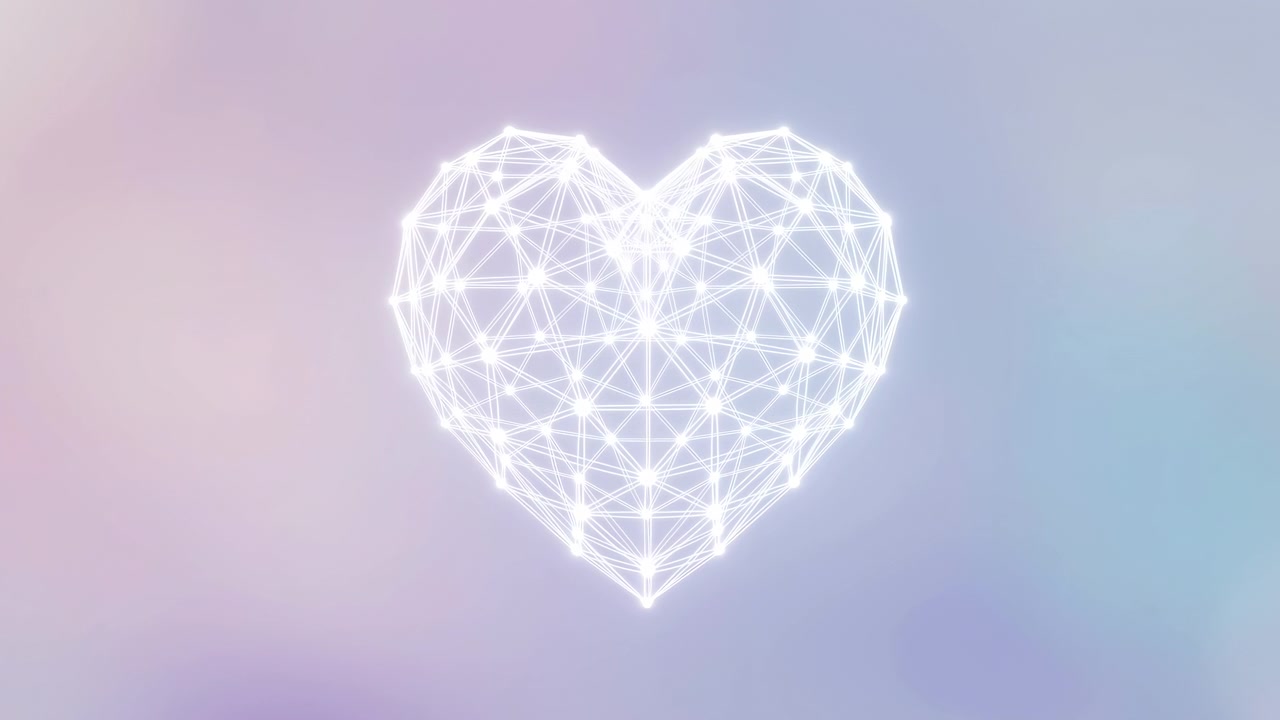Cuore luminoso centrale formato da linee bianche interconnesse e nodi illuminati che fluttua su una morbida sfumatura pastello di rosa, lavanda e azzurro pallido.