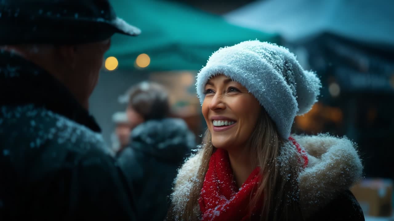 Joyful Encounter in Winter Wonderland: A Heartwarming Moment Highlighting Connection and Smiles Amidst Graceful Snowfall and Festive Ambience Captured in a Cozy Outdoor Setting