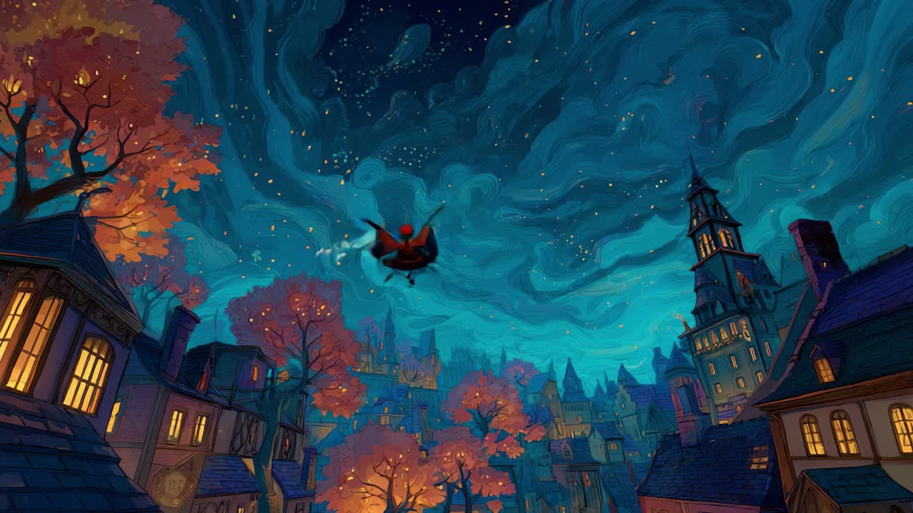 An Enchanted Twilight in an Animated Village: A Dreamlike Journey Through a Starry Sky with Whimsical Colors and Cozy Architecture