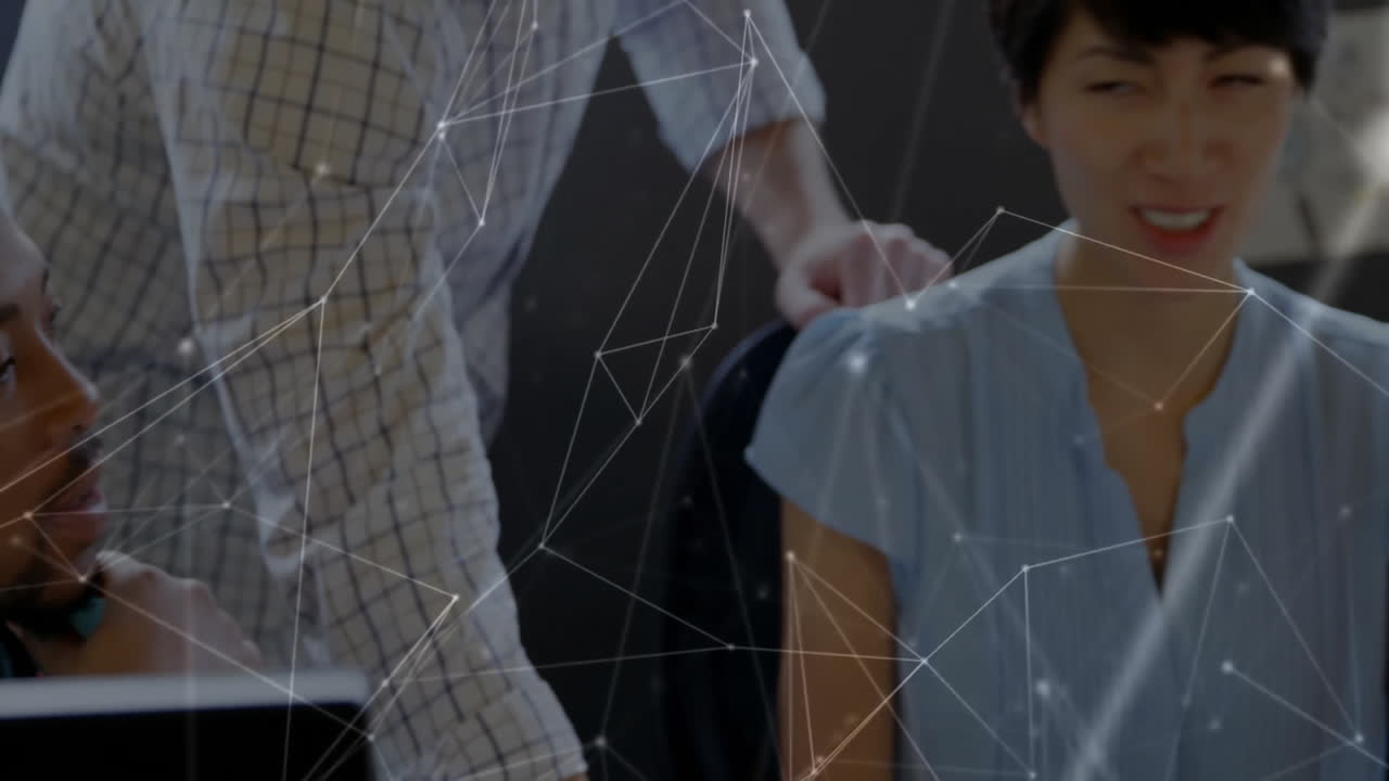 Animation of network of connections over diverse business people in office