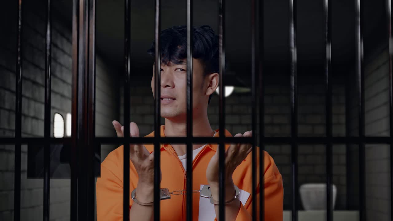손에 인 아시아 남성 수감자가 감옥에서 의심스럽게 서서 화를 내며 손을 들고 "왜?"라고 외치고 있습니다.