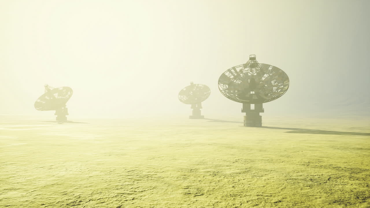 Silent foggy observatory quiet field under dense fog with trees