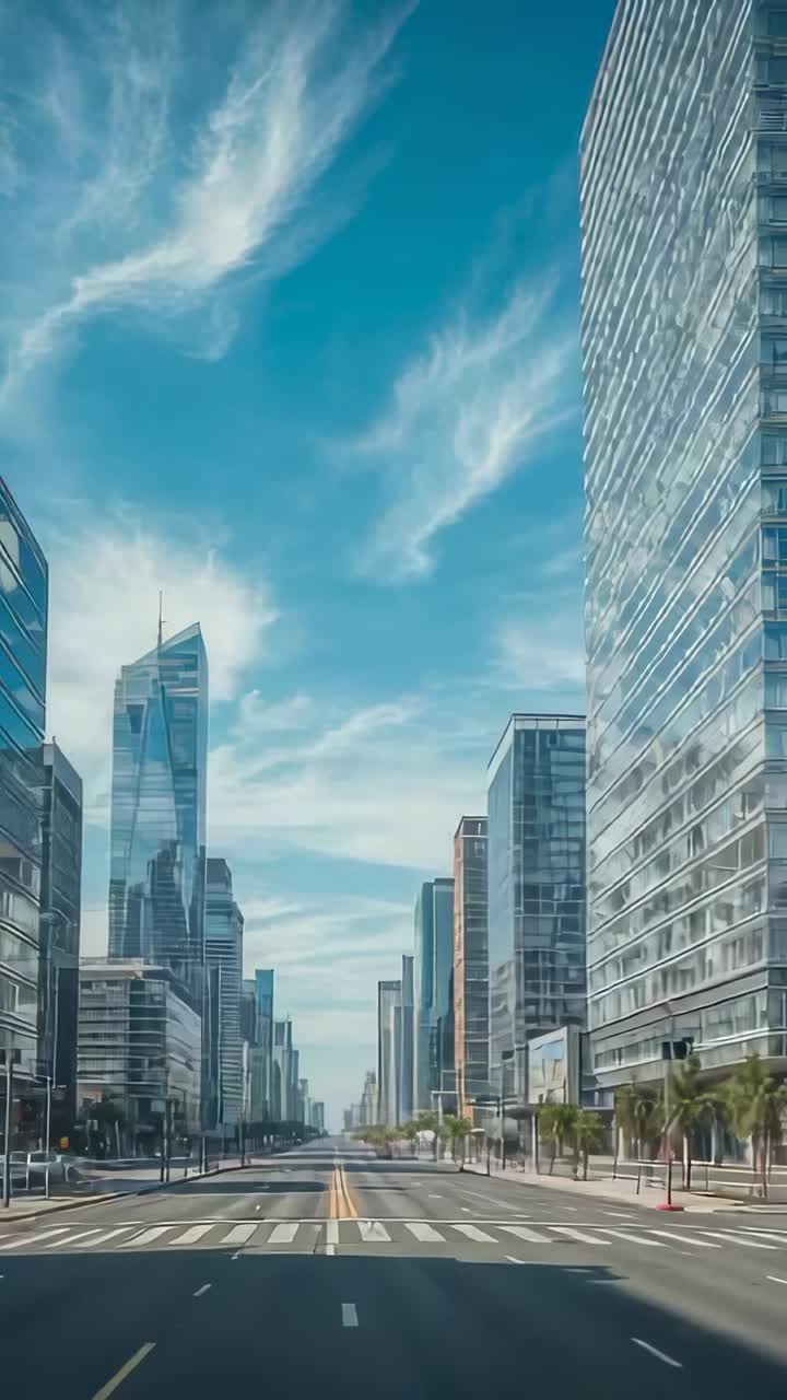 Vertical video: Gliding camera at start along downtown street, showcasing glass skyscrapers