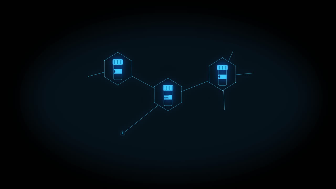 Animation of growing network of blue medication icons on black background