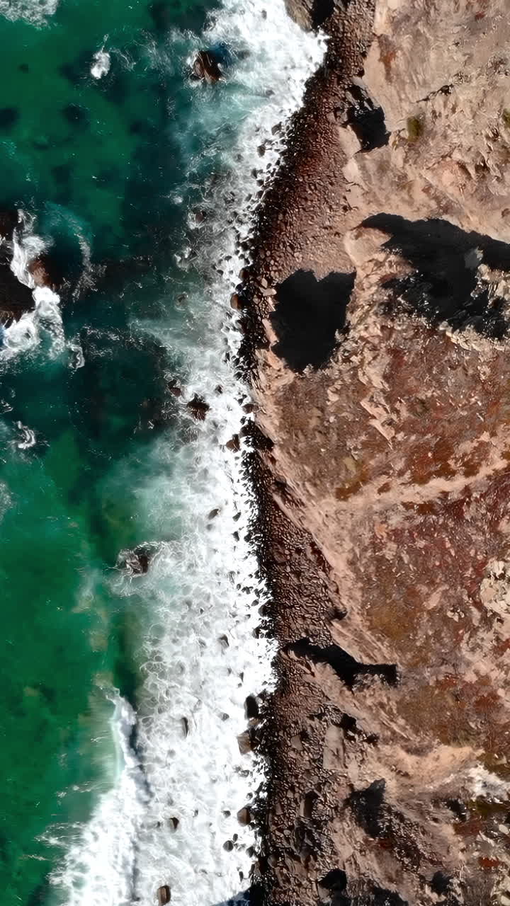 Vista aerea dall'alto di onde che si infrangono su una costa rocciosa