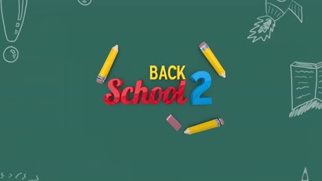 Animation-of-back-2-school-text-over-school-items-icons-on-green-background