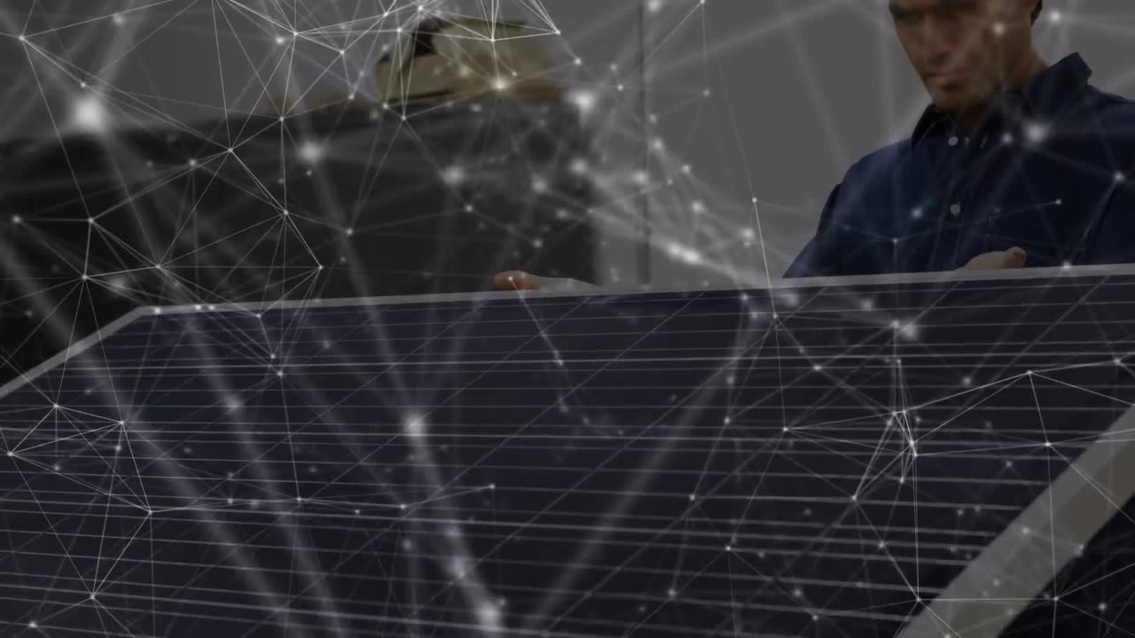 Animation of network of connections over solar panels and male engineer in background