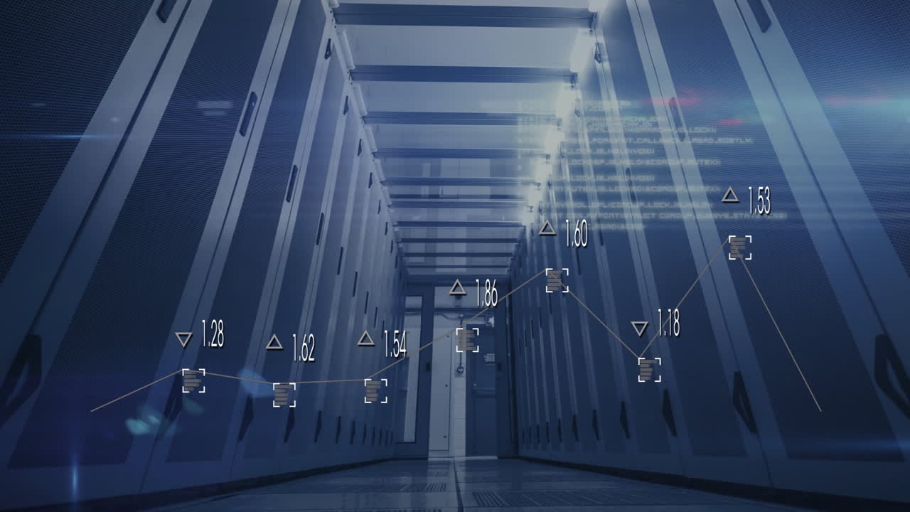 Data processing animation over futuristic server room with blue lighting
