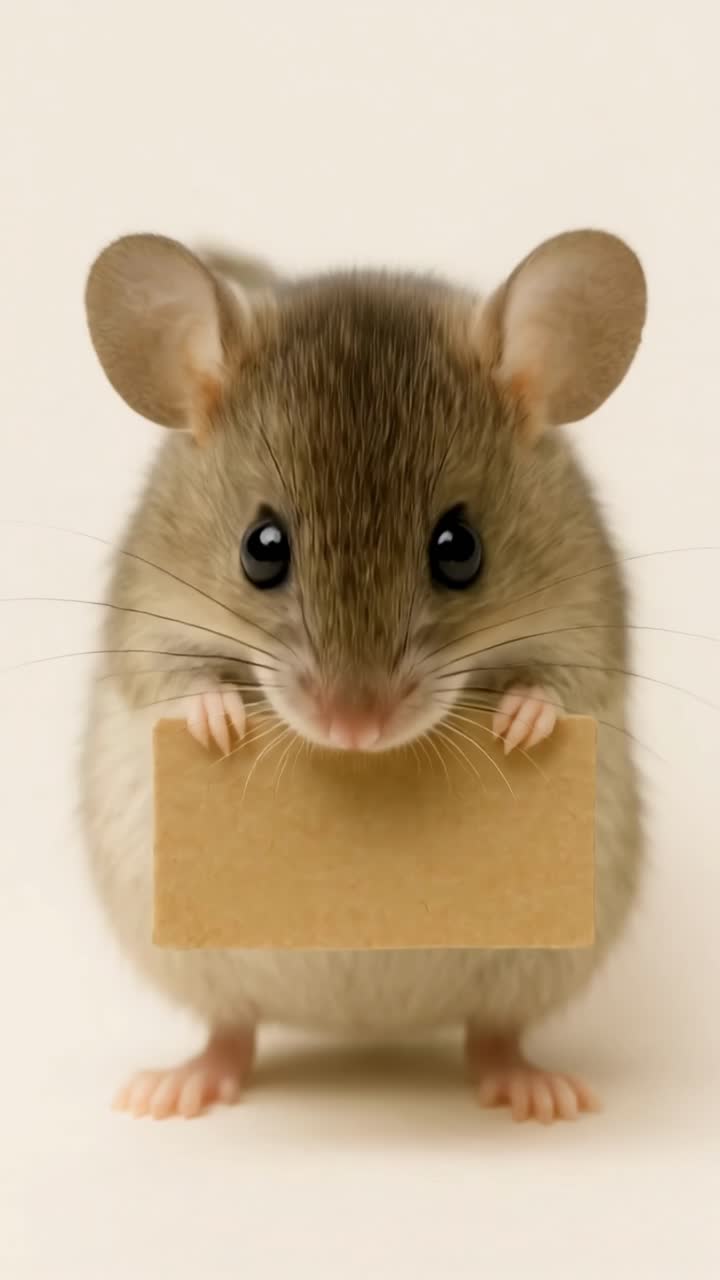 Close-up of a cute mouse holding a small card, shot from a low angle