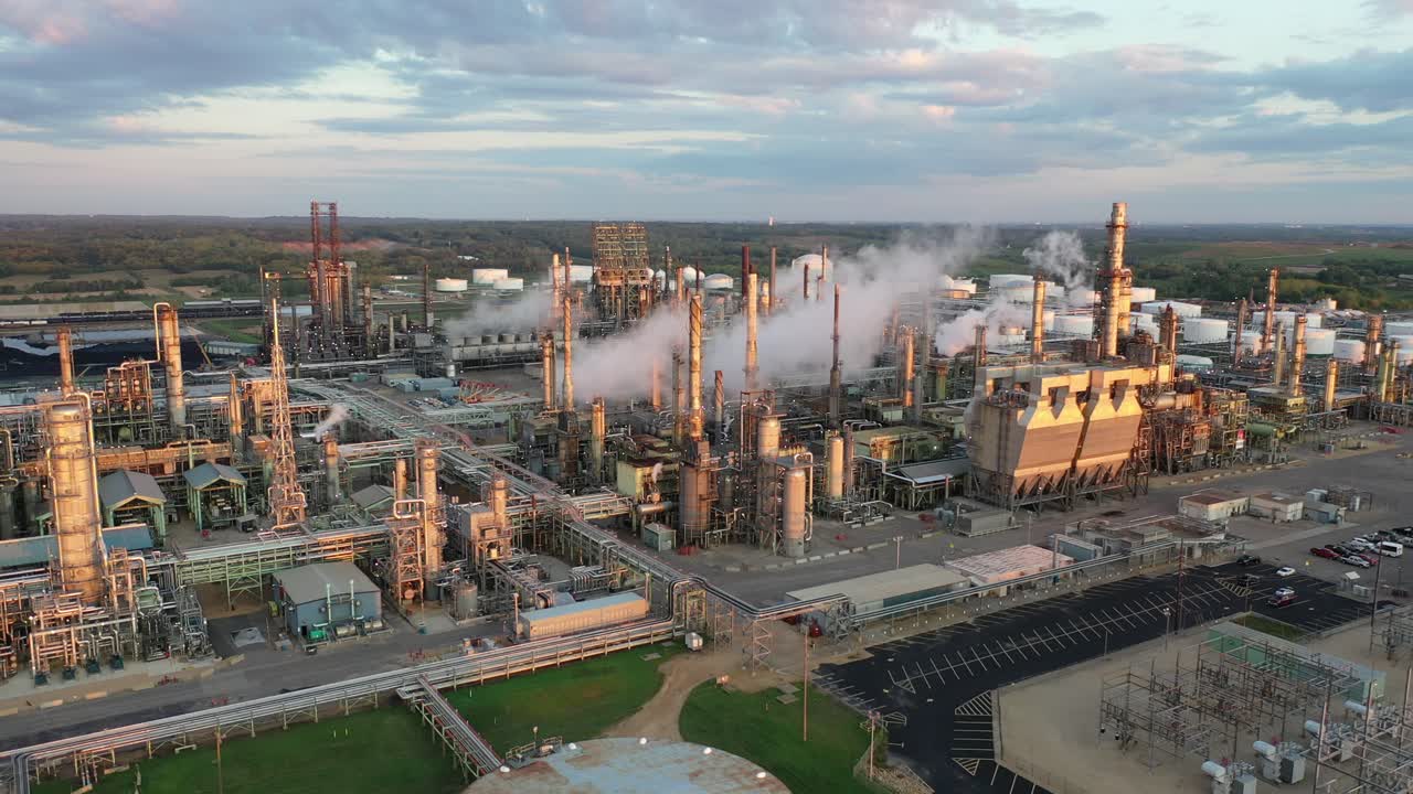 vista aérea del complejo de la refinería de petróleo al atardecer