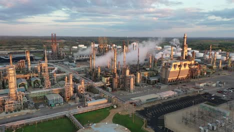 aerial view of oil refinery complex at sunset