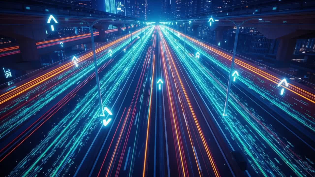 Un vivace paesaggio urbano notturno che raffigura un flusso di traffico intenso con scie luminose dinamiche dai veicoli e frecce direzionali illuminate che guidano il percorso