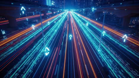 a vibrant nighttime cityscape depicting bustling traffic flow with dynamic light trails from vehicles and illuminated directional arrows guiding the journey