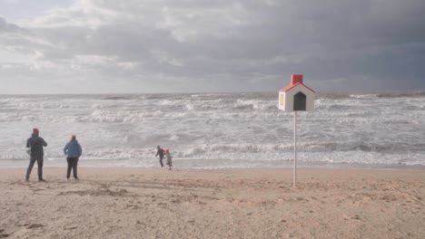 belgian coast with happy family enjoying at the beach during windy day - wide, slow motion