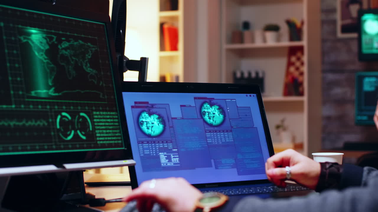 Girl hacker looking at super computer with multiple monitors