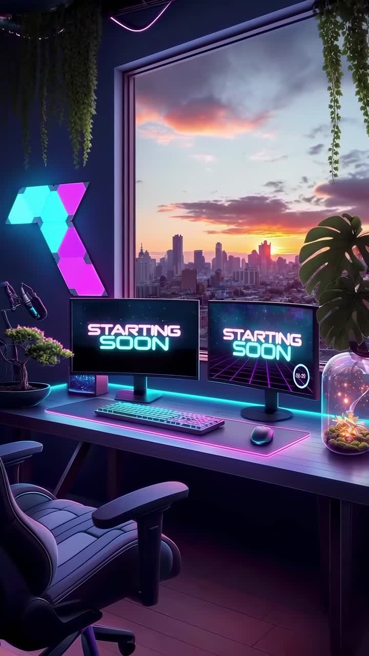 Futuristic gaming setup with dual monitors, neon lights, and cityscape view