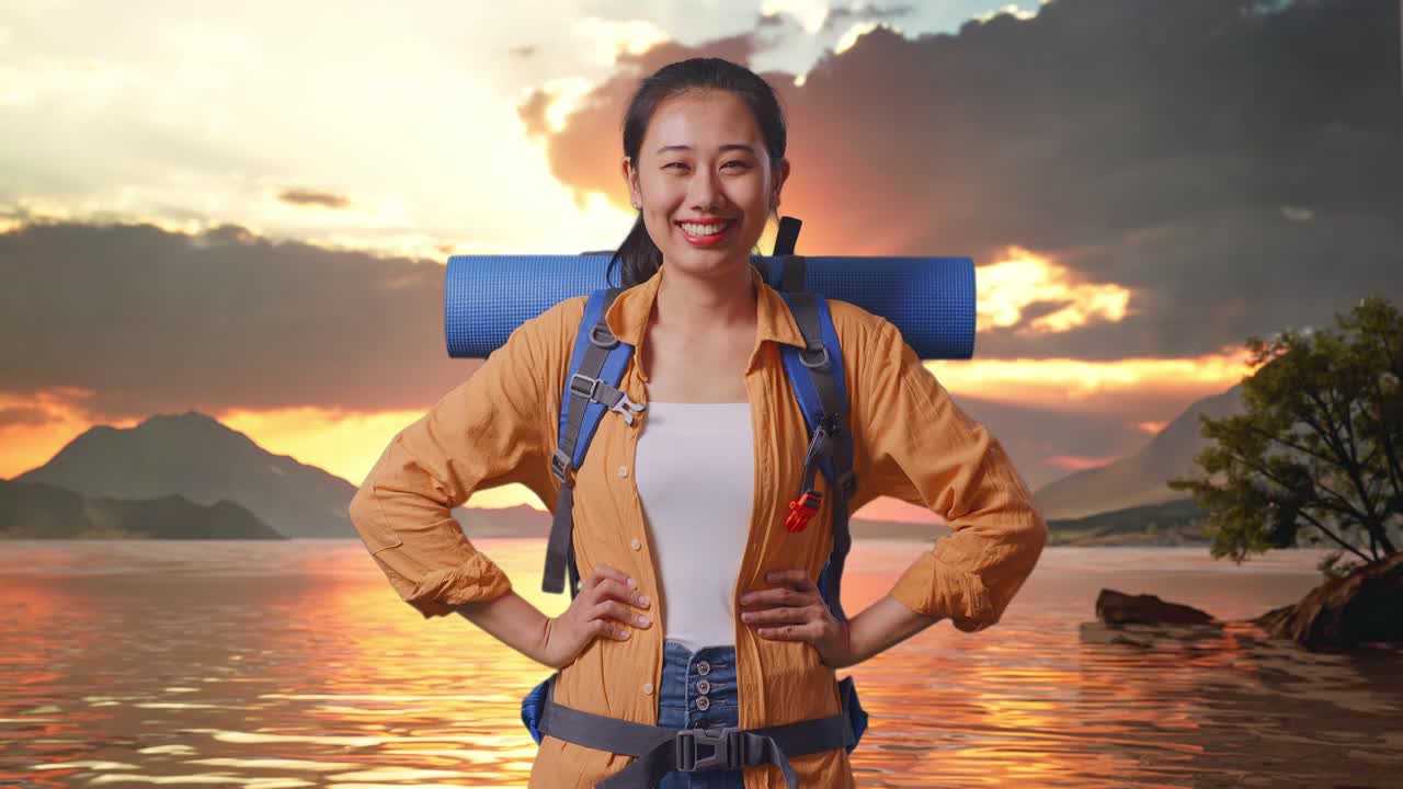 Asian Female Hiker With Mountaineering Backpack Smiling And Posing Arms Akimbo While Standing At A Lake During Sunset Time