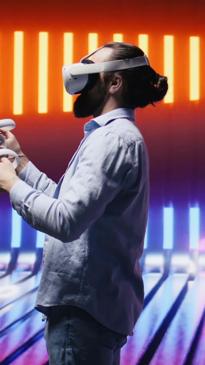 Vertical Video Young person with high tech VR gadget in a neon lit night scene