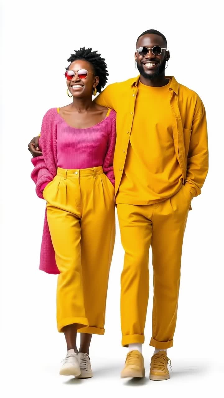 A man and a woman in yellow pants and a pink sweater