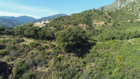 aerial tracking shot from long distance of female runner in the mountains in the afternoon