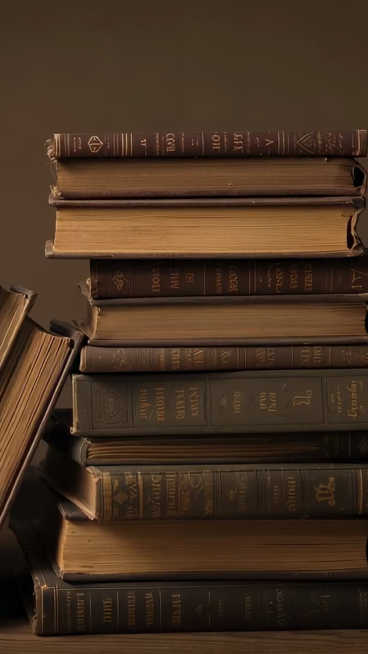 Video verticale: Telecamera che si alza rivelando libri vintage su un tavolo di legno con dorsi dorati, libro aperto a sinistra