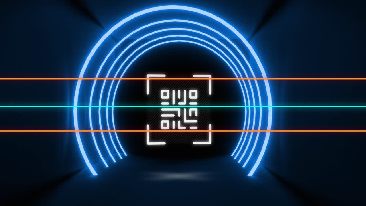 Animation of glowing qr code over neon geometric shapes