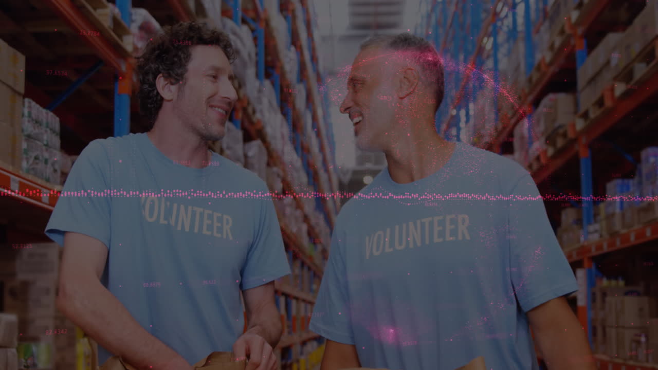 Animation of financial data processing over diverse volunteers in warehouse