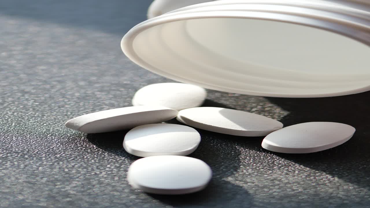 플라스틱 병에서 흘러내린 색 타원형 알약