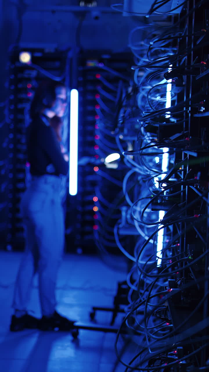 Woman programming in a server room. Vertical