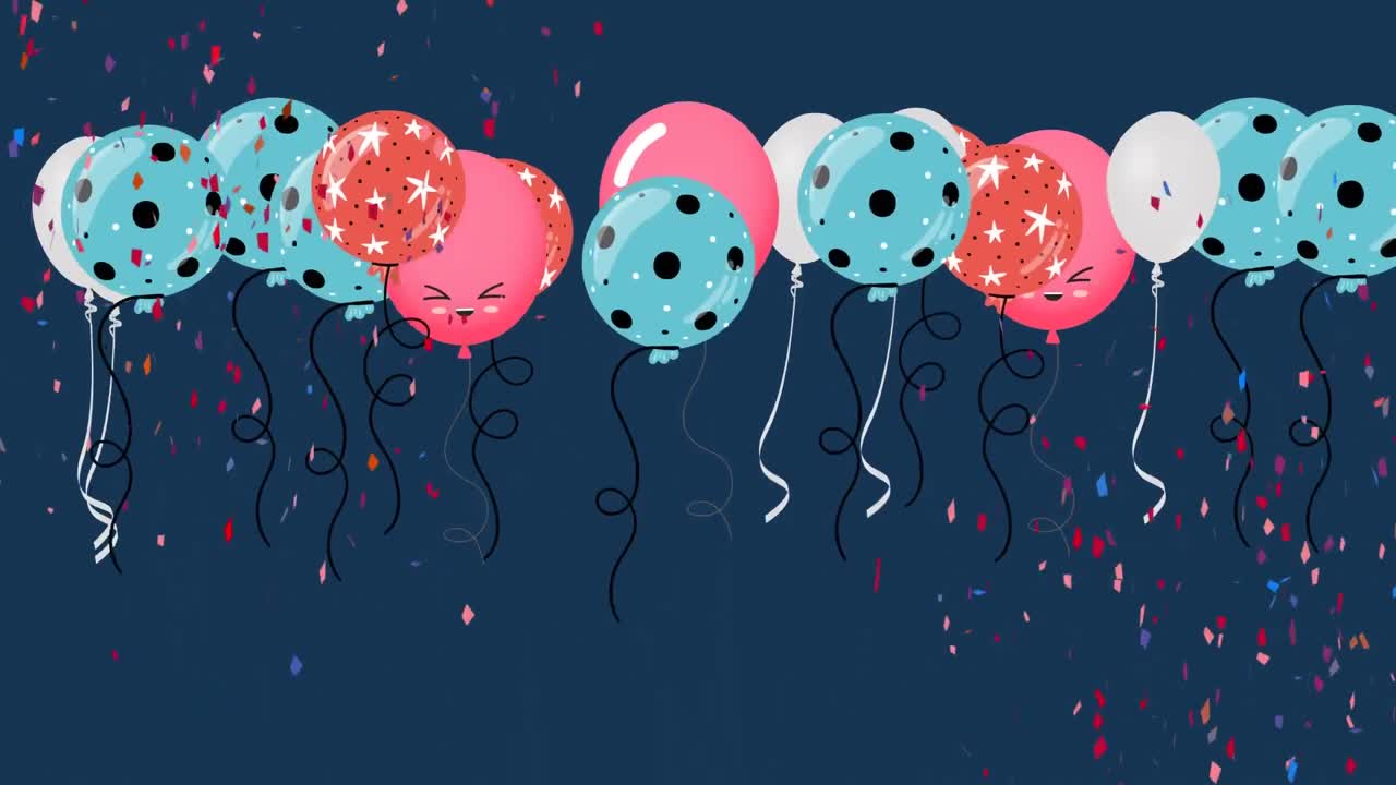 animación de globos coloridos que vuelan y caen confeti sobre un fondo azul