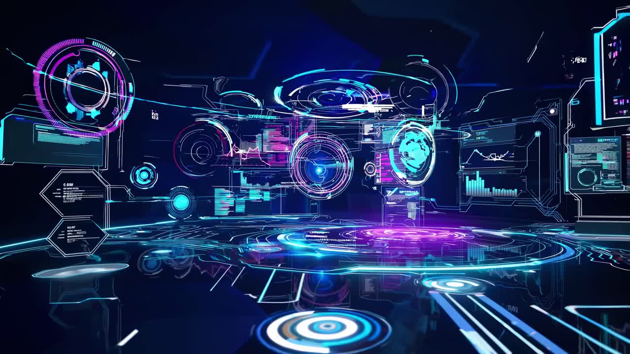 Interfaccia HUD futuristica con grafica blu neon. L'angolazione elevata della camera crea un videogioco coinvolgente