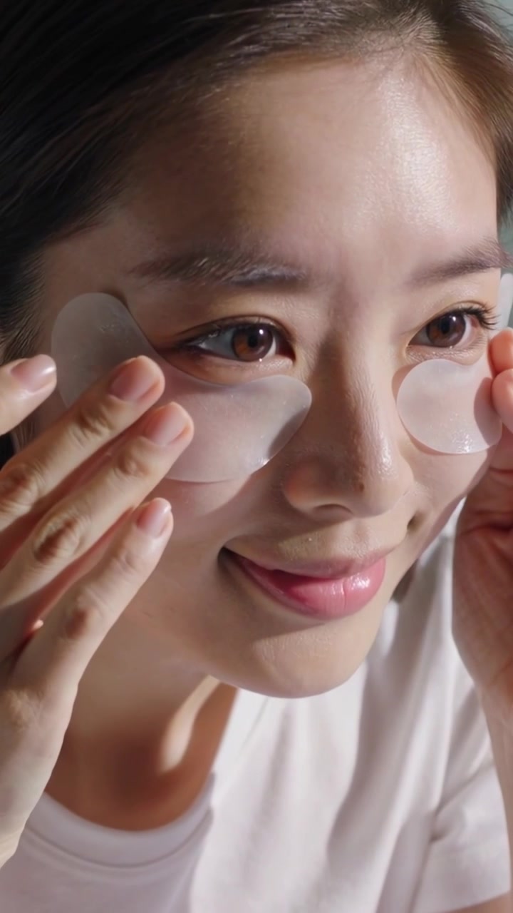 Vertical video: Seeing light, Asian woman putting gel patches under eyes at home for eye care