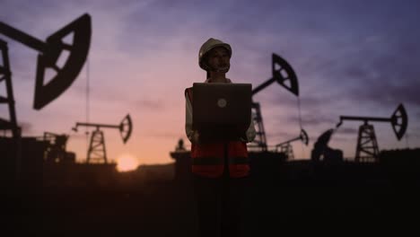 asian female engineer with safety helmet inspects oil pumps at sunrise in a large oil field. working on a laptop, looking around and shaking her head