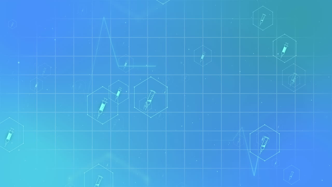 의료 주사기 아이콘의 애니메이션과 파란색 배경의 그리드 상의 데이터 처리