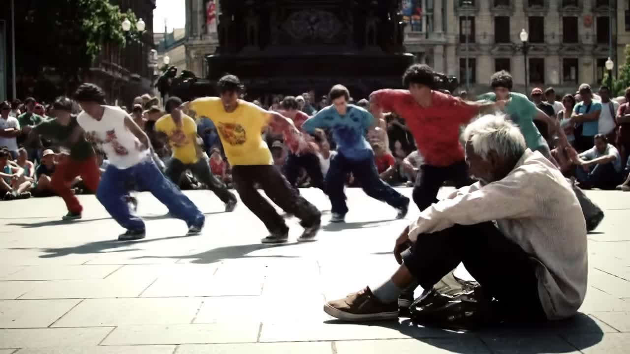 A group of young dancers showcases their energetic routine in a bustling public square. An older man sits nearby, observing the performance amid a lively audience.