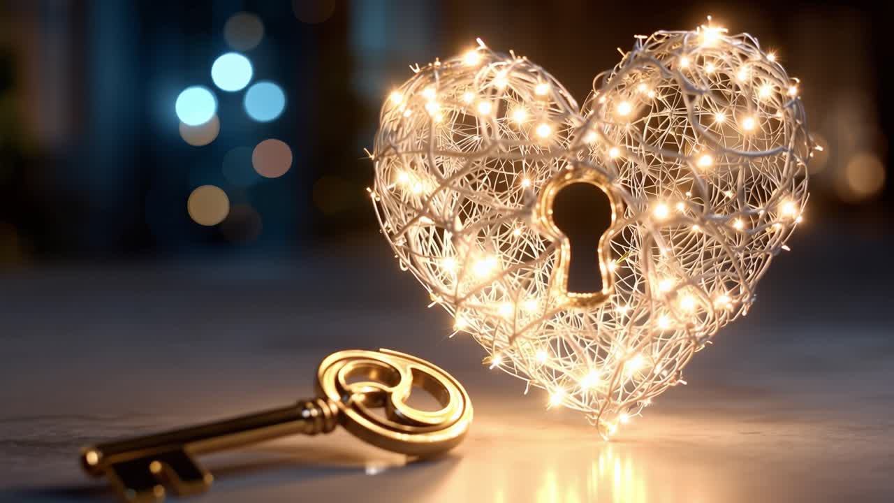 Golden key rests beside glowing heart-shaped lock. Warm lights outline heart's outline, casting soft glow. Deep blue background offers dreamy bokeh effect