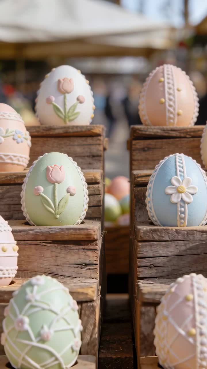 Vertical video: Panning camera revealing decorated eggs on crates at stall to show rows and jackets
