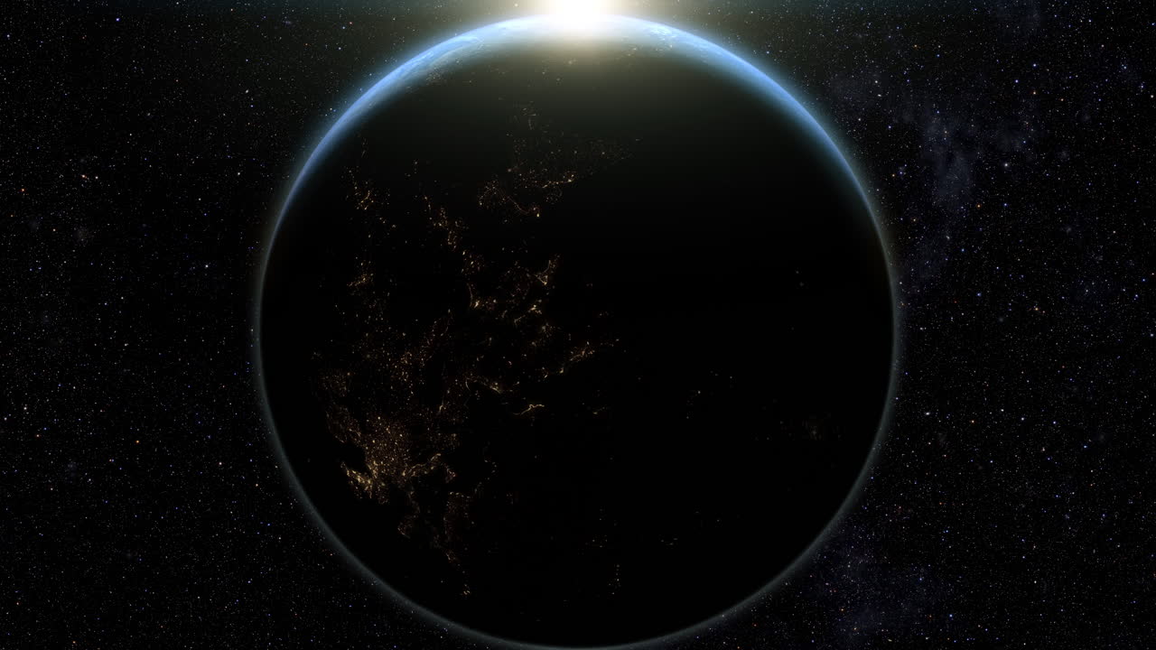 활기찬 푸른 하늘 분위기와 함께 우주에서 볼 때 일출 동안 지구의 영화 렌더링