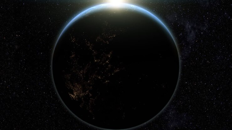 A cinematic rendering of planet Earth during sunrise as view from space with vibrant blue sky atmosphere