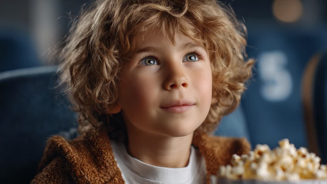 A Young Child Enthralled by the Magic of Cinema, Holding a Bowl of Popcorn in a Theater, Capturing the Essence of Anticipation and Wonder on Movie Night